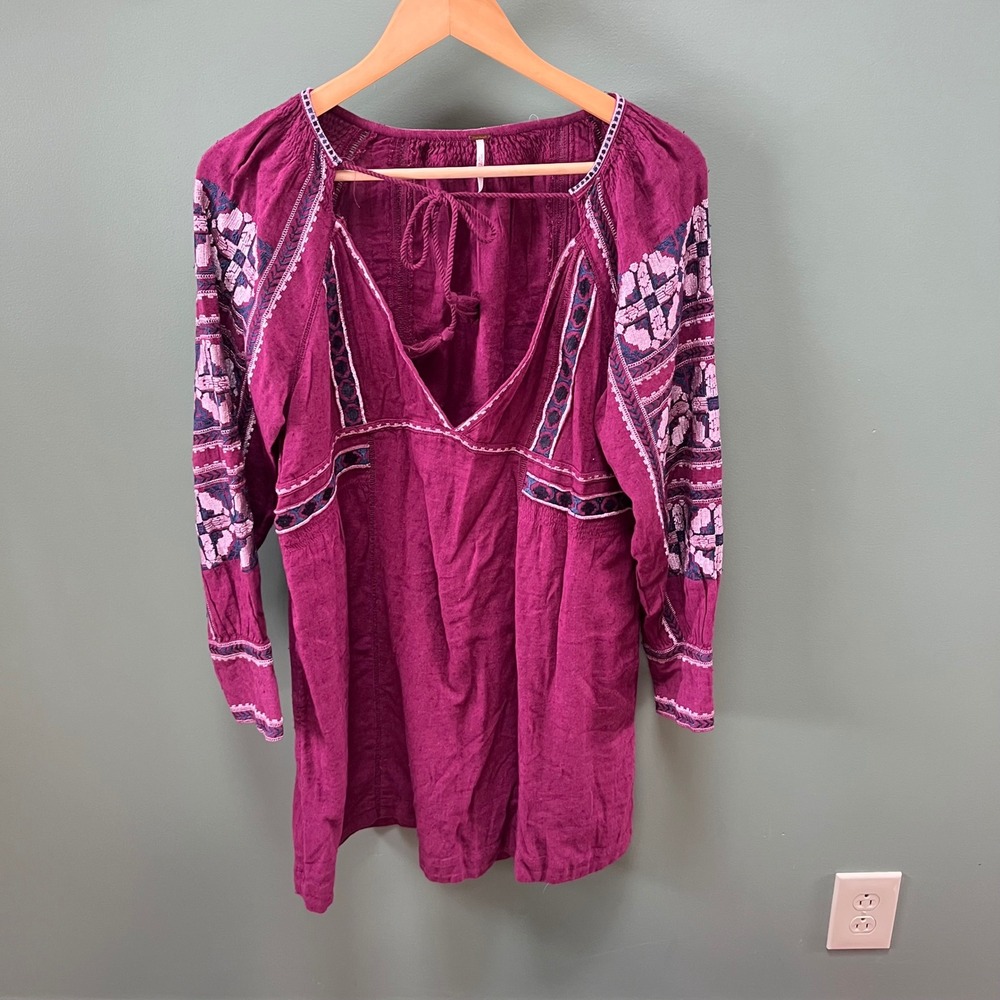 Free People All My Life Textured Cotton Embroidered Mini Dress Small boho purple